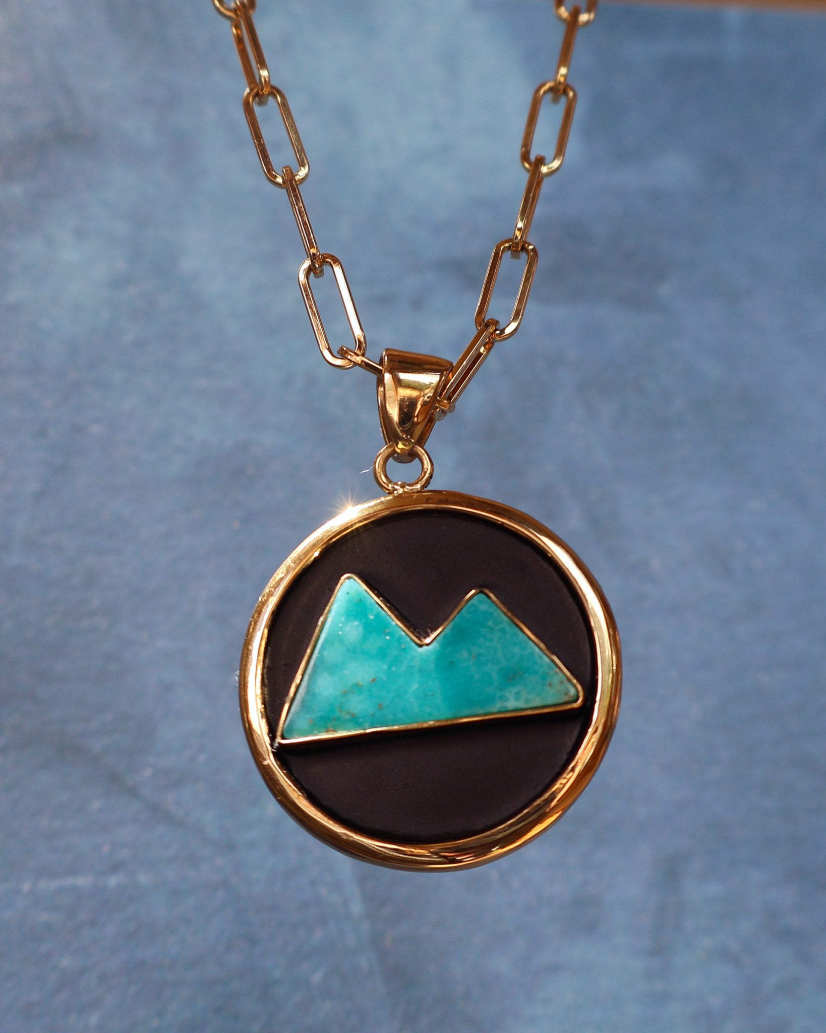 Campitos Turquoise Mountain Shadow Box Pendant on Gold Fill Chain F60