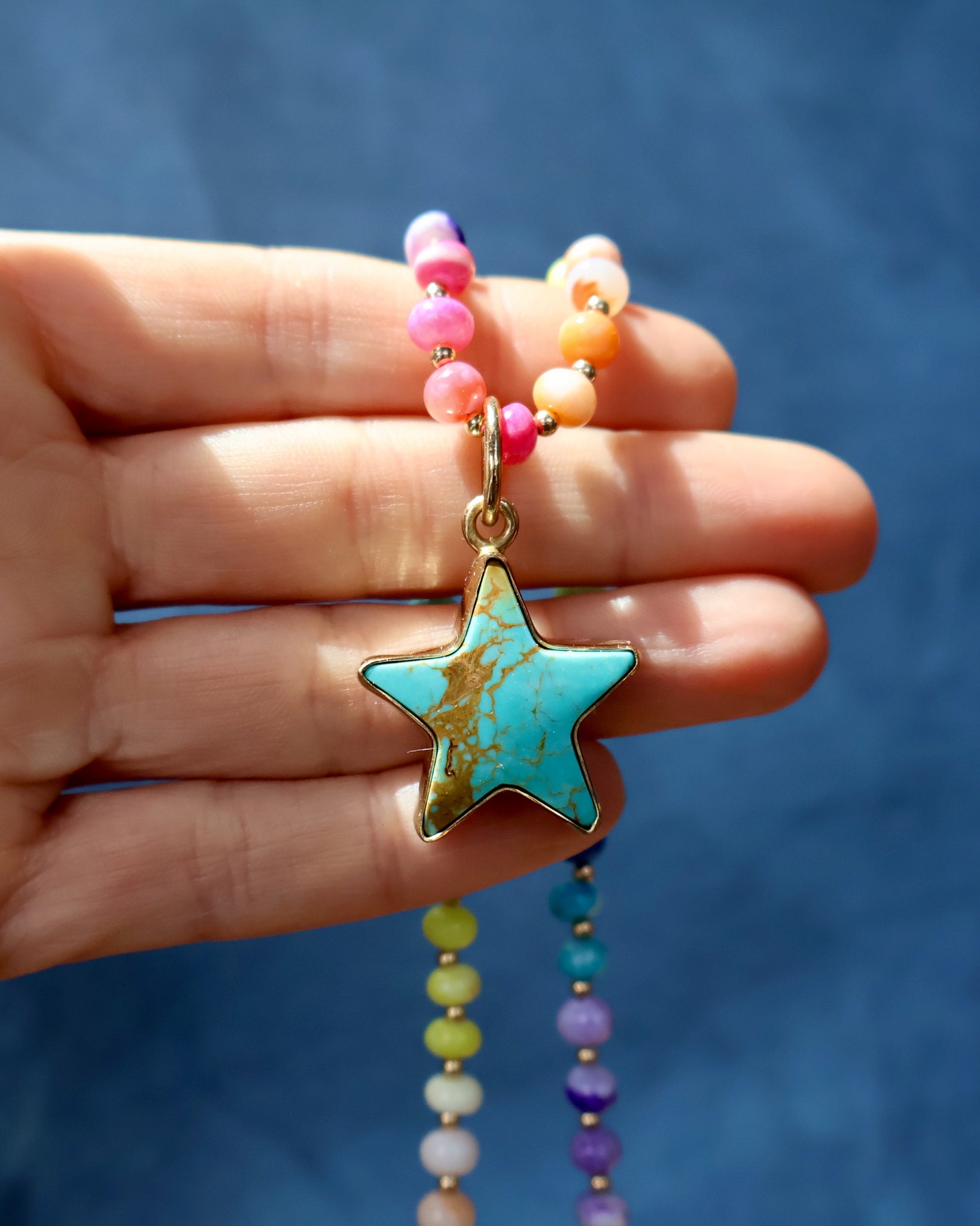 Turquoise Star with Rainbow Opal Necklace in Gold F69