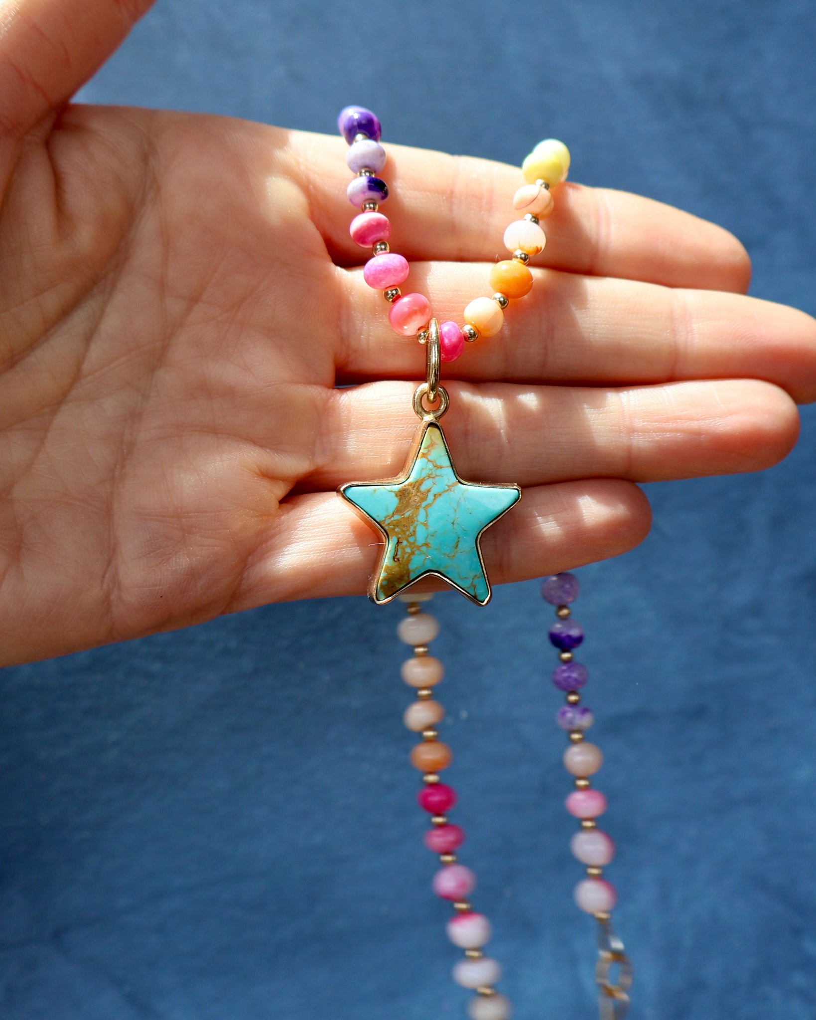 Turquoise Star with Rainbow Opal Necklace in Gold F69