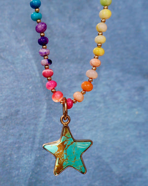 Turquoise Star with Rainbow Opal Necklace in Gold F69