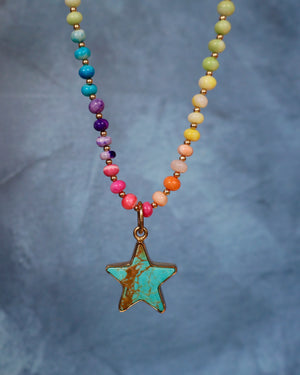 Turquoise Star with Rainbow Opal Necklace in Gold F69