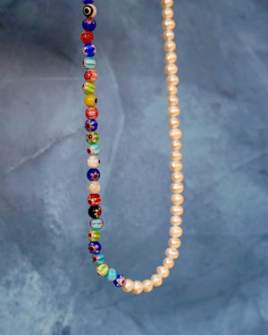 Colorblock Necklace Millefiori & Pearls Large F64