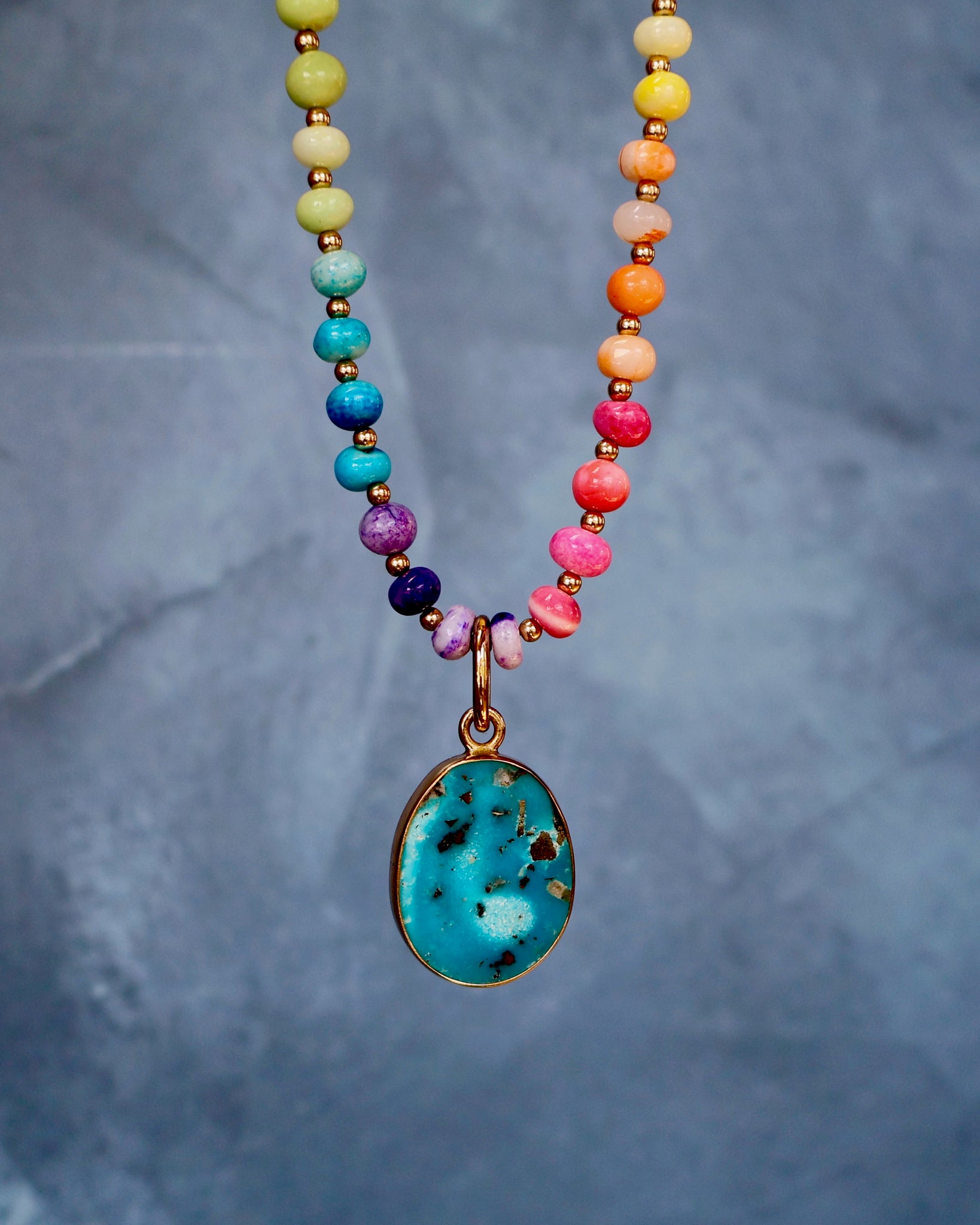 Turquoise Pendant with Rainbow Opal Necklace in Gold F71