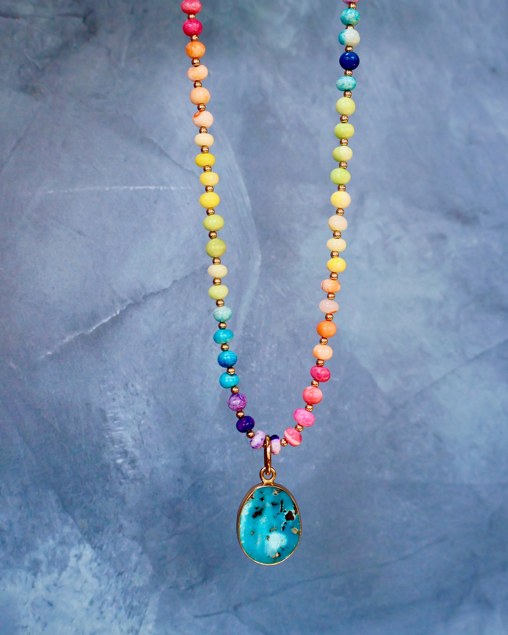 Turquoise Pendant with Rainbow Opal Necklace in Gold F71