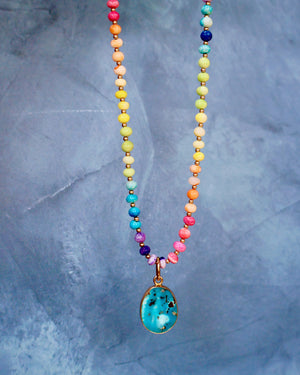 Turquoise Pendant with Rainbow Opal Necklace in Gold F71