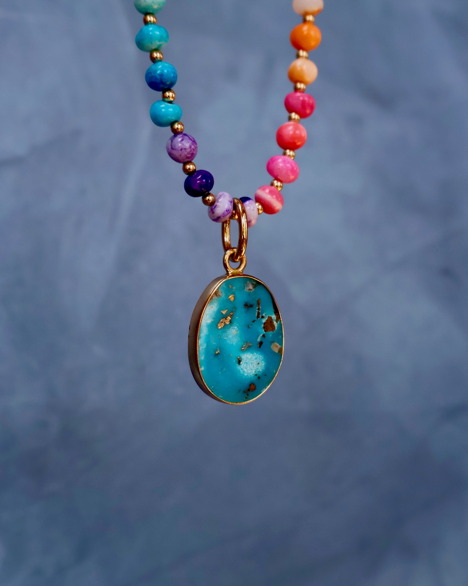 Turquoise Pendant with Rainbow Opal Necklace in Gold F71