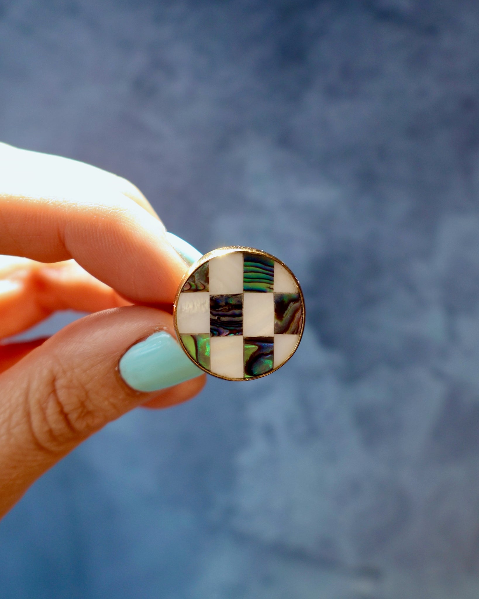 Checkerboard Mother of Pearl & Abalone Inlay Design Ring in Gold Alchemia Adjustable T004