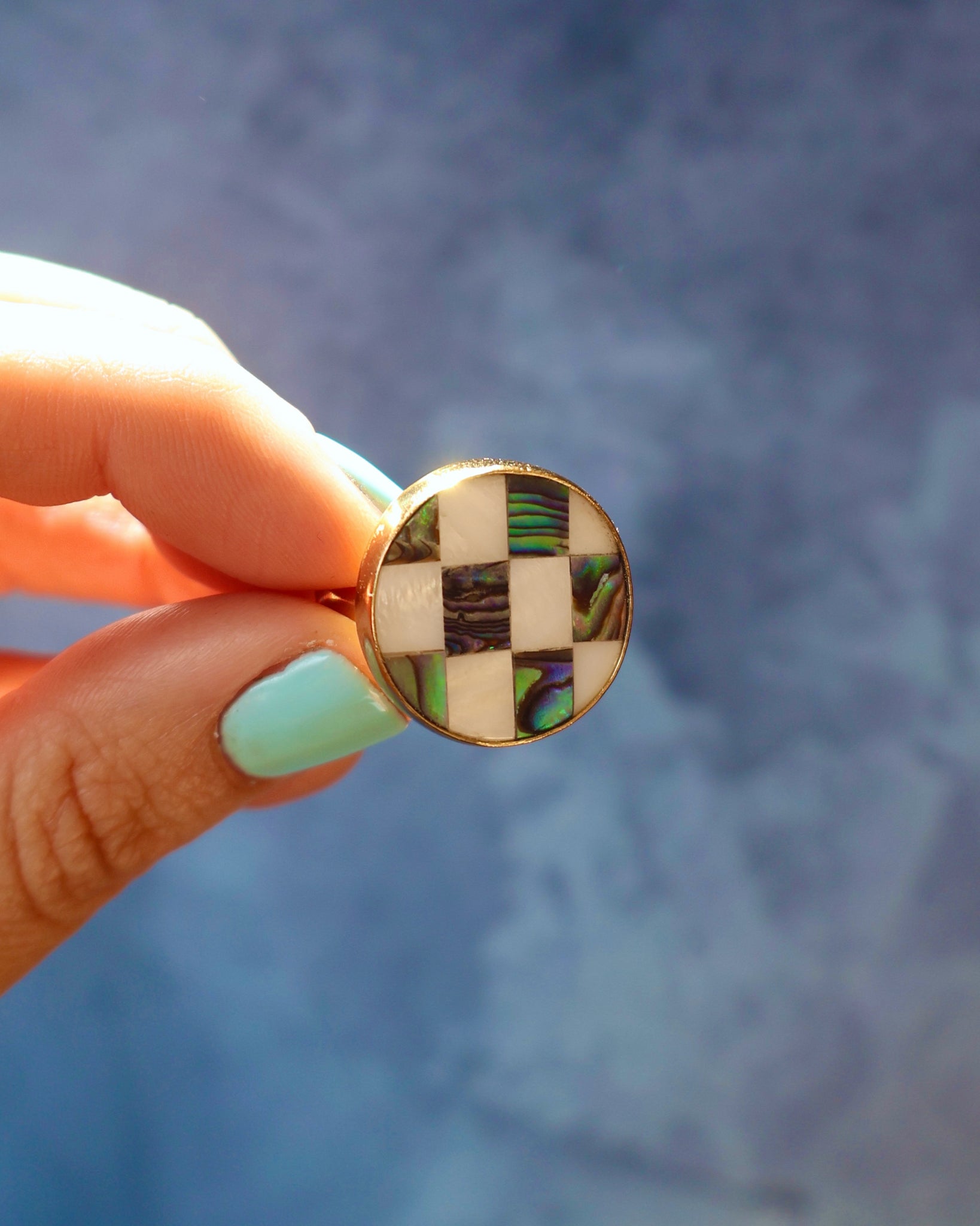 Checkerboard Mother of Pearl & Abalone Inlay Design Ring in Gold Alchemia Adjustable T004