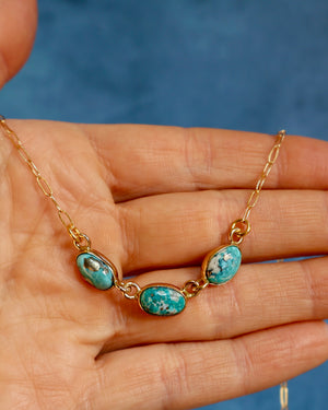 Triple Stone Turquoise Necklace on Gold Fill Paperclip Chain WT129