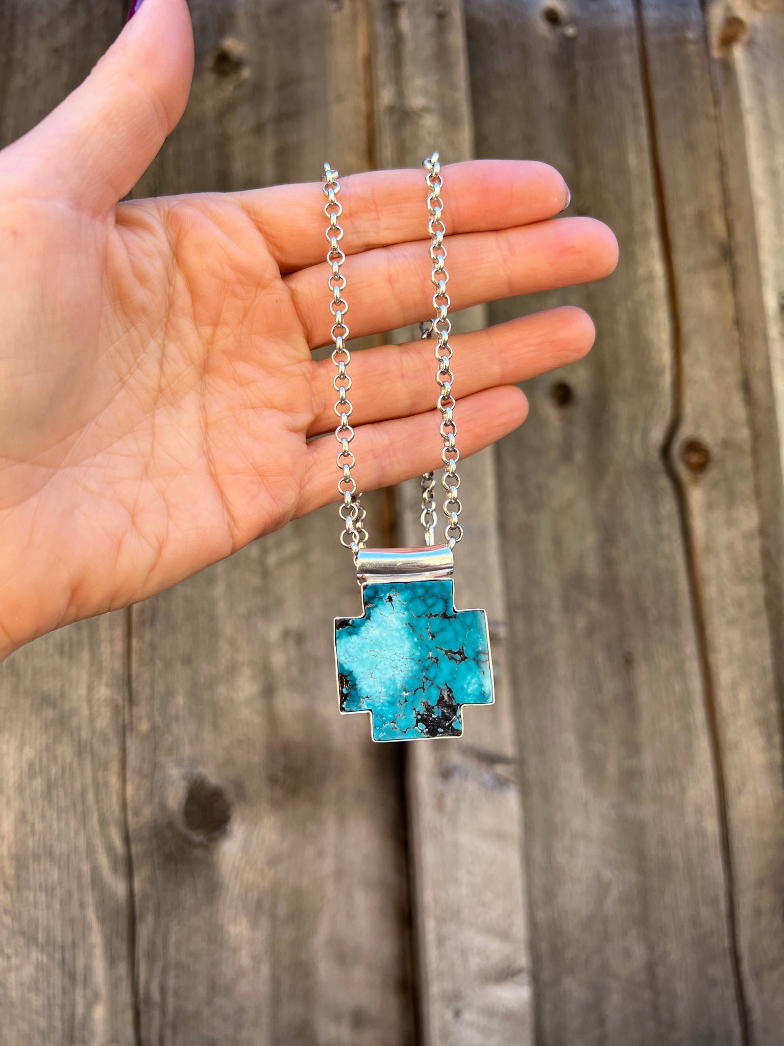 Turquoise Alpine Cross Necklace in Sterling Silver D55