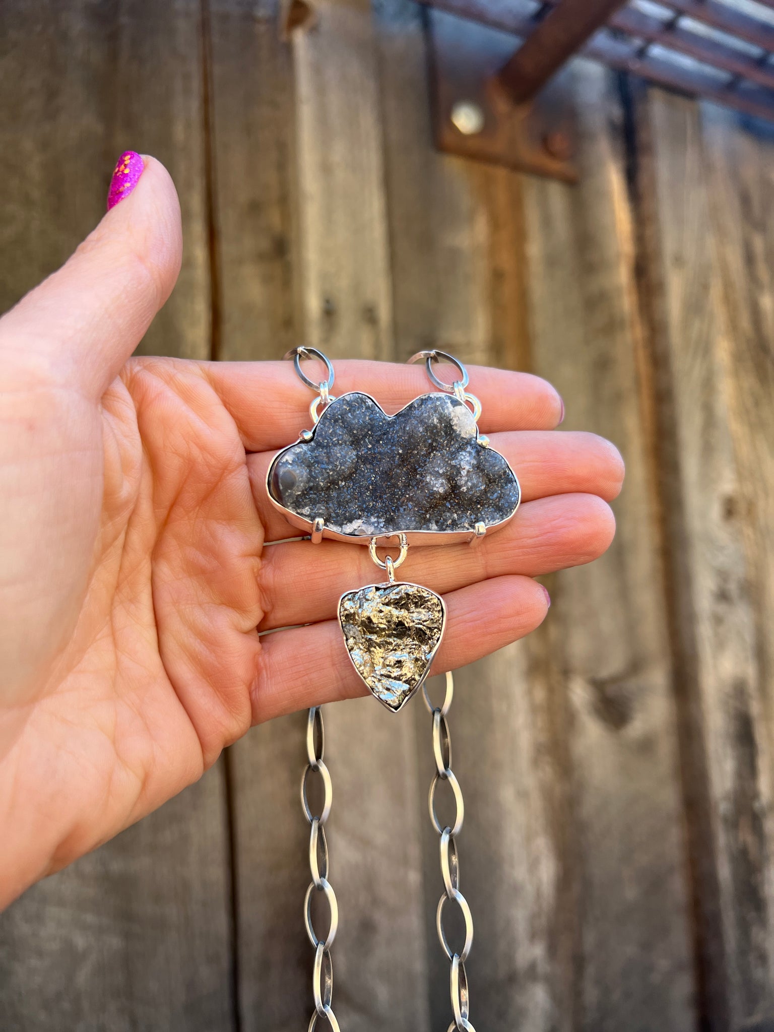 Lightning Storm Necklace- Druzy & Pyrite in Sterling Silver D81