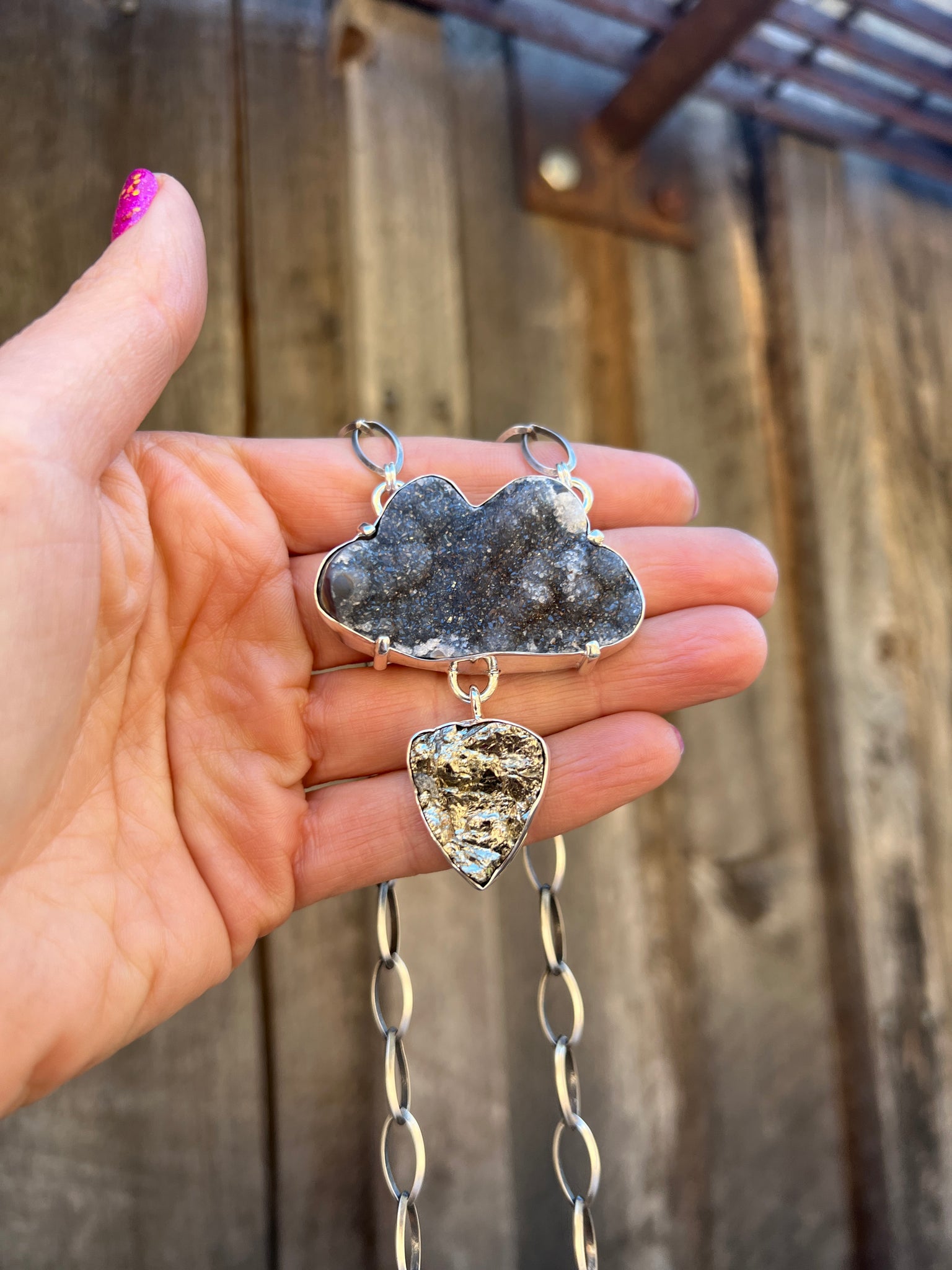 Lightning Storm Necklace- Druzy & Pyrite in Sterling Silver D81