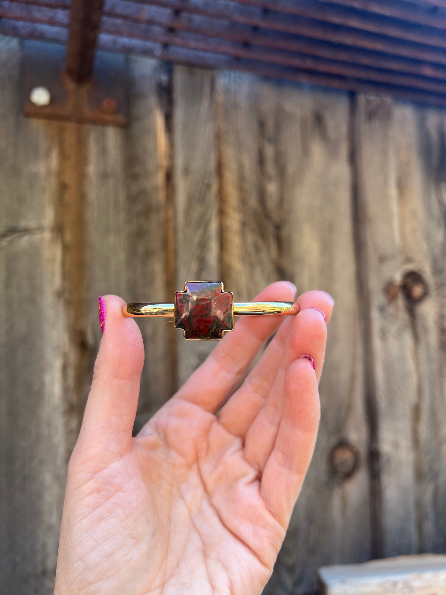 Red Creek Jasper Alpine Cross & Gold Alchemia Cuff Bracelet