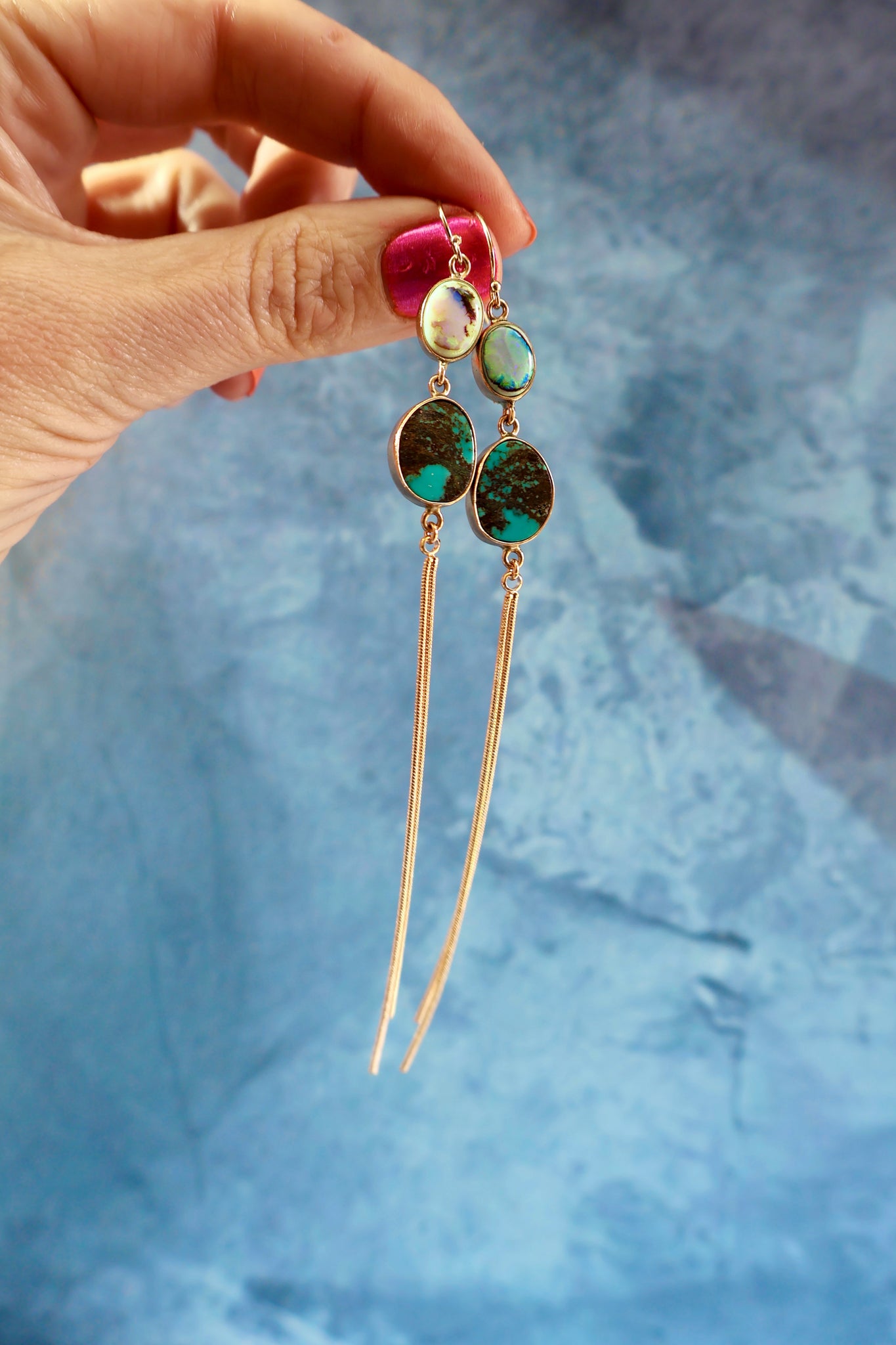 Opal & Hubei Turquoise & Sparkling Snake Chain Earrings in Gold Alchemia H16