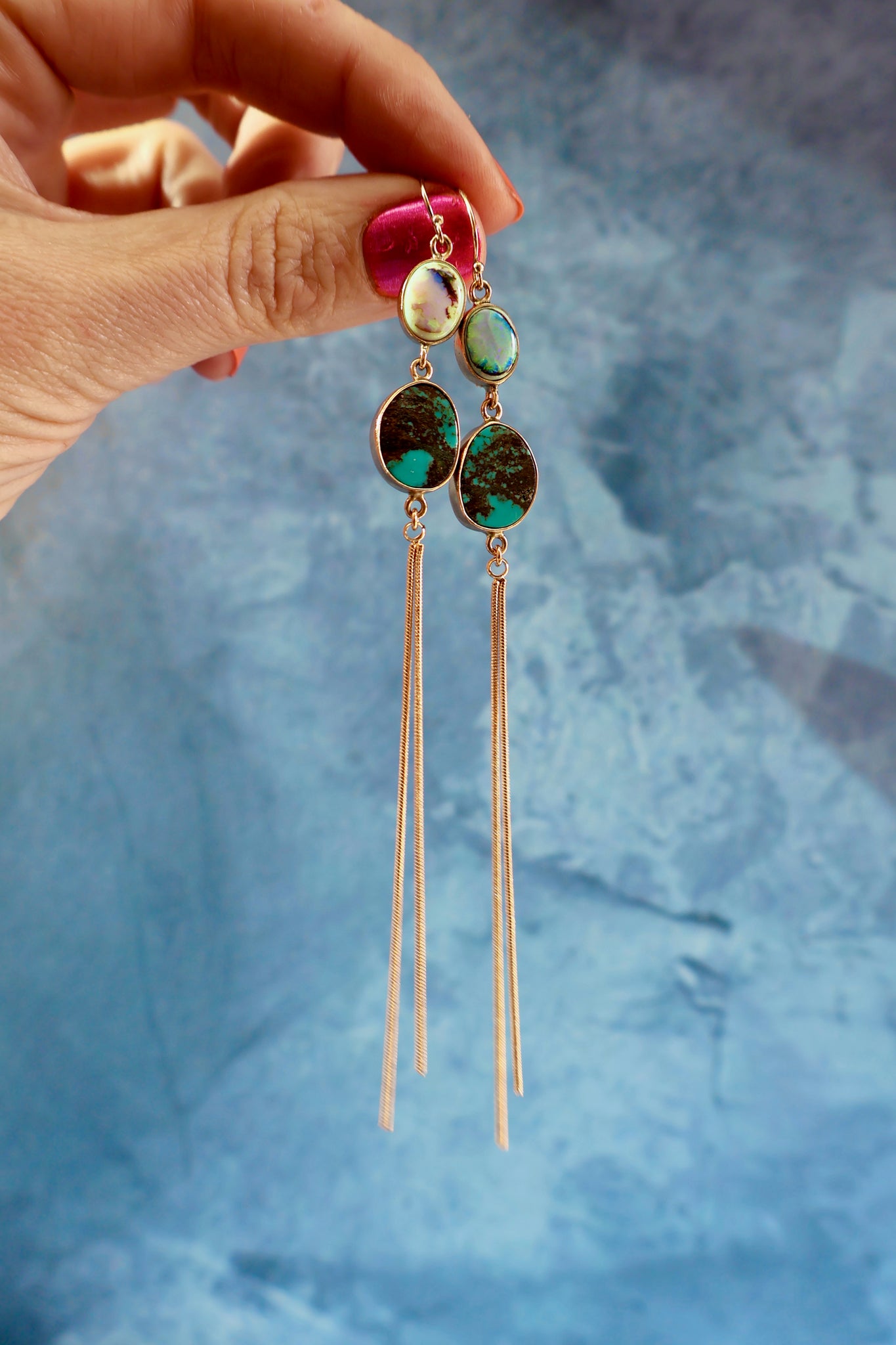 Opal & Hubei Turquoise & Sparkling Snake Chain Earrings in Gold Alchemia H16