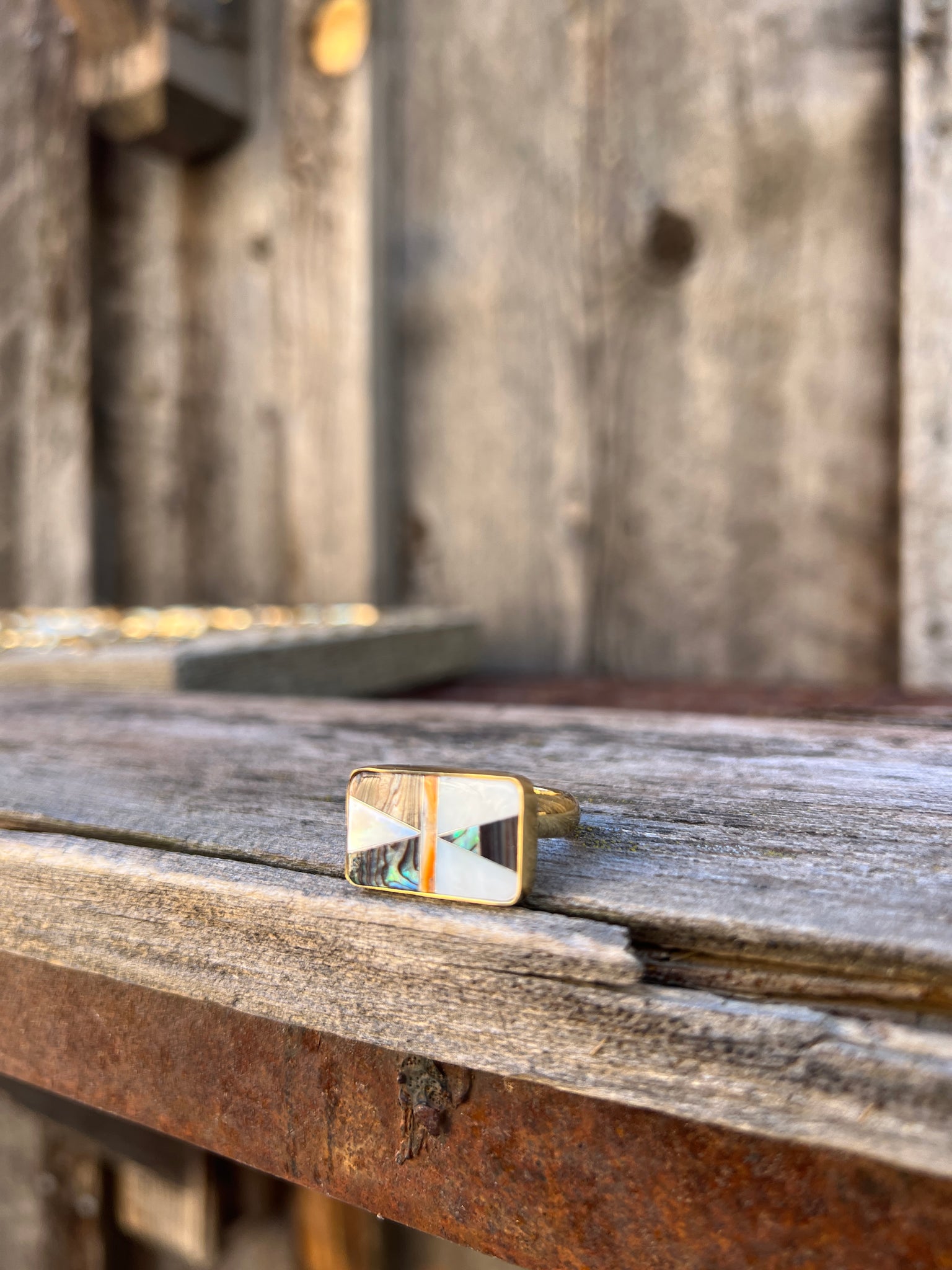 Mother of Pearl & Abalone Inlay Design Ring in Gold Alchemia Adjustable T5