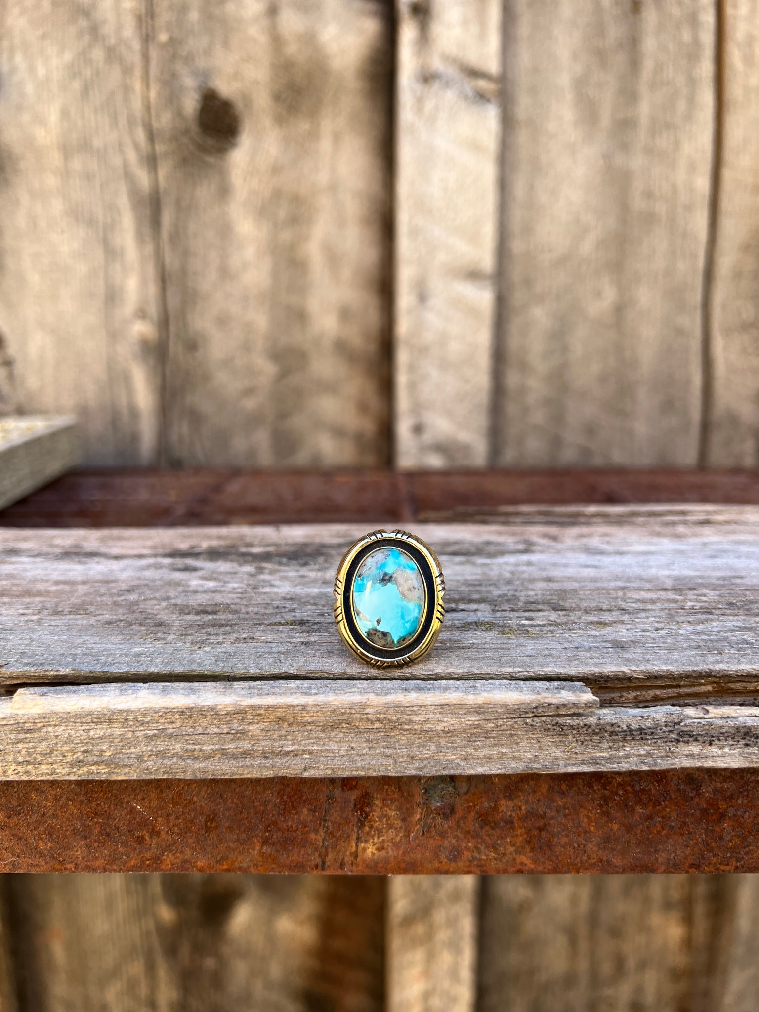 White Water Turquoise with Detail Band Ring in Gold Alchemia Adjustable T9