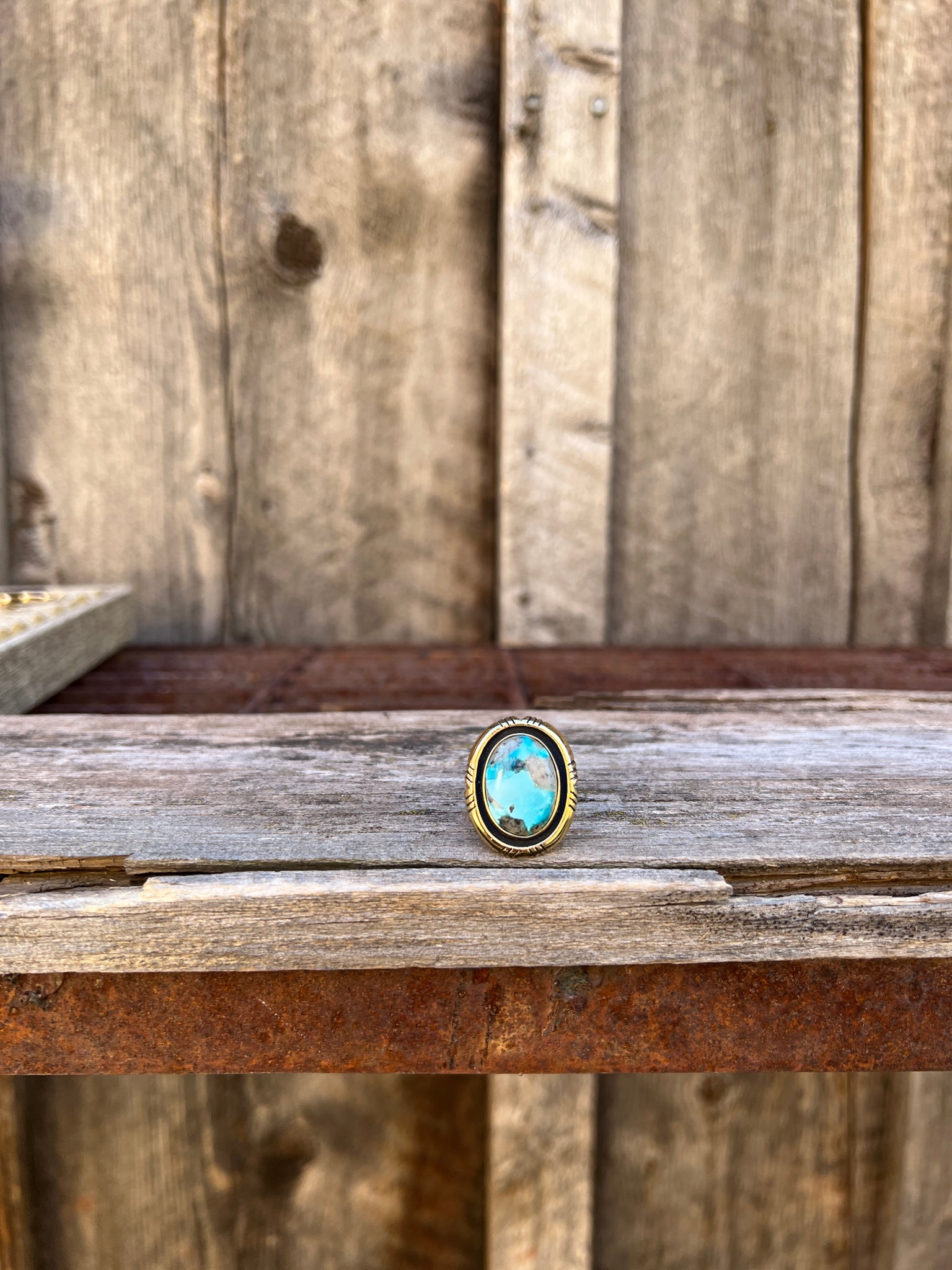 White Water Turquoise with Detail Band Ring in Gold Alchemia Adjustable T9