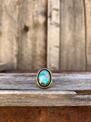 White Water Turquoise with Detail Band Ring in Gold Alchemia Adjustable T9