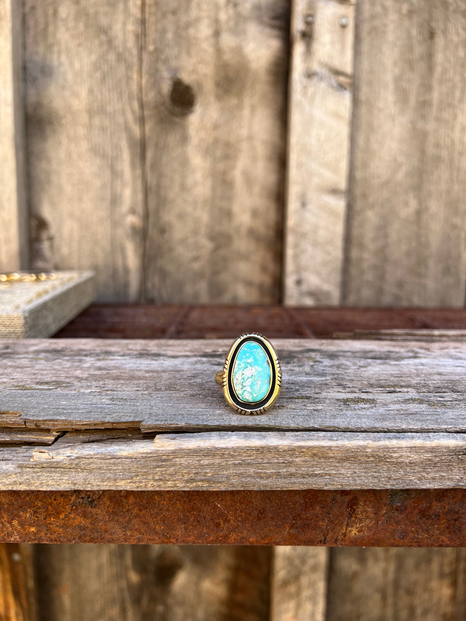 White Water Turquoise with Detail Band Ring in Gold Alchemia Adjustable T11