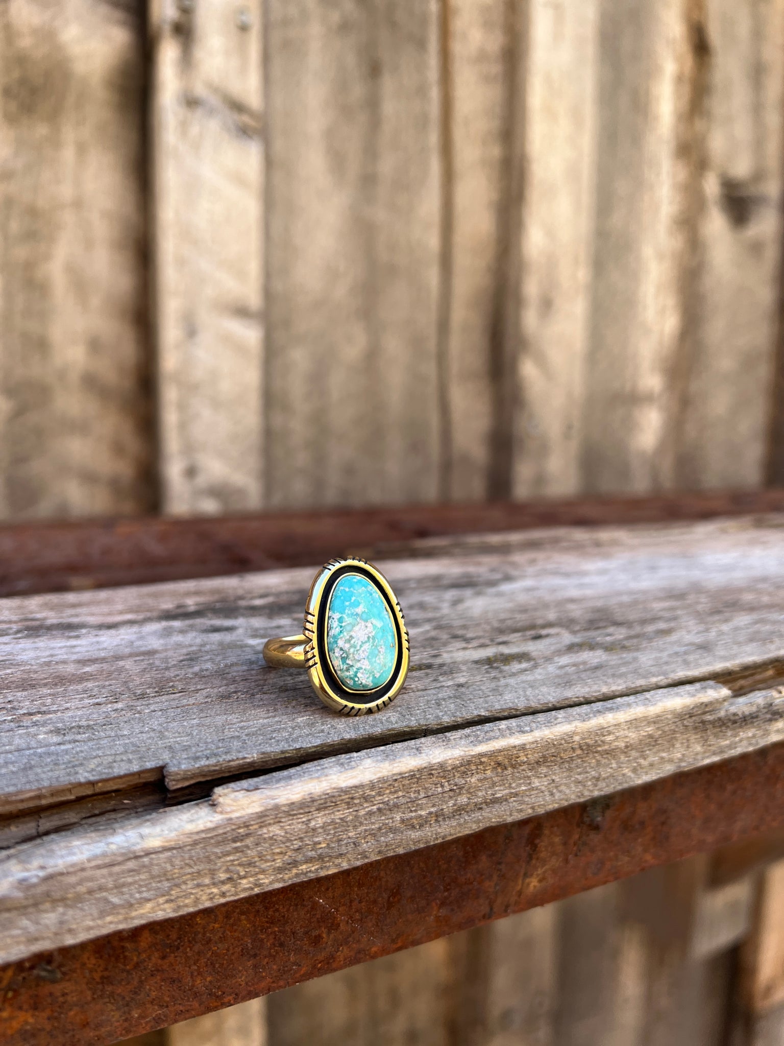White Water Turquoise with Detail Band Ring in Gold Alchemia Adjustable T11