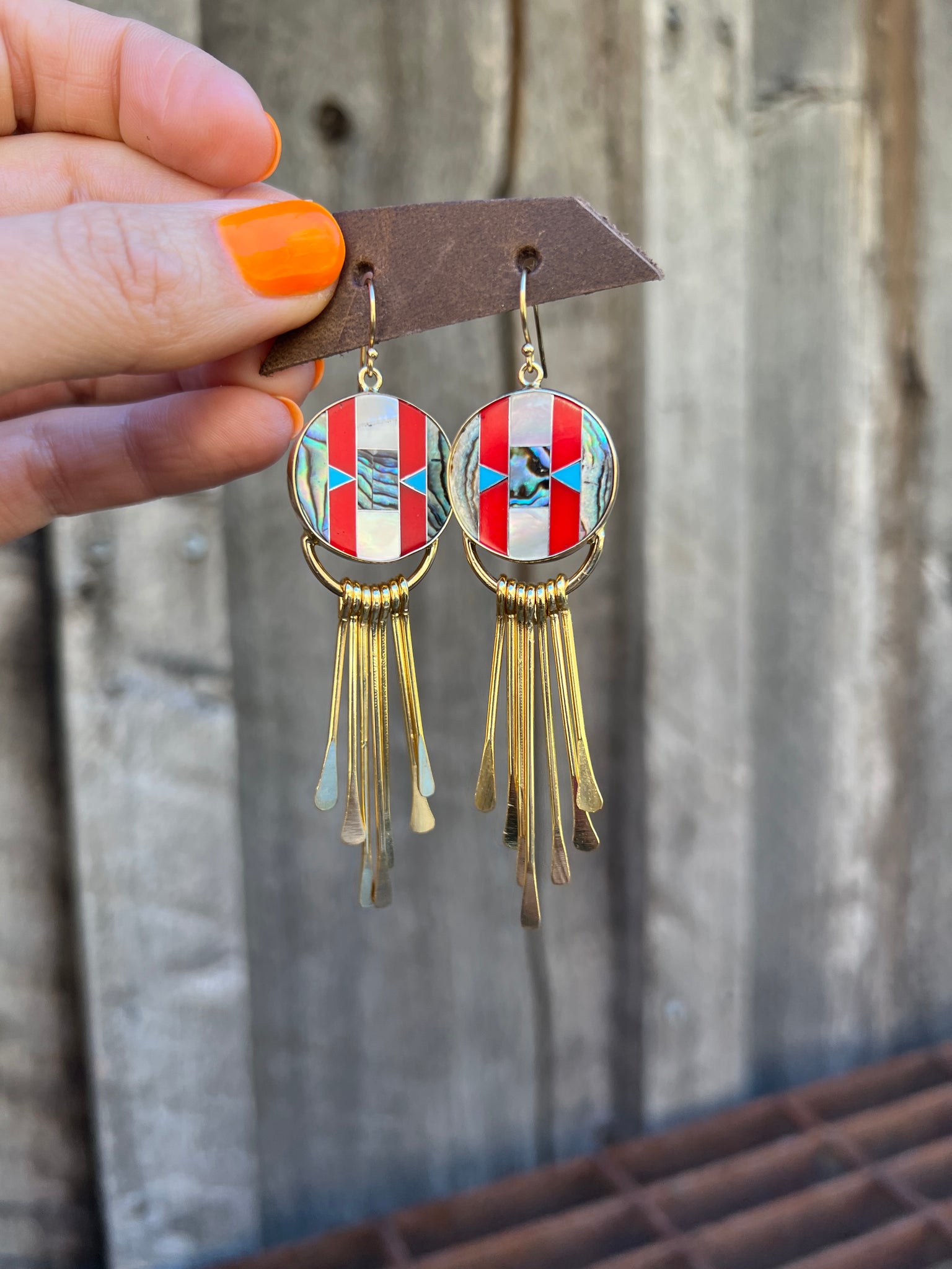 Mother of Pearl, Abalone & Coral Inlay Earring with Fringe T56