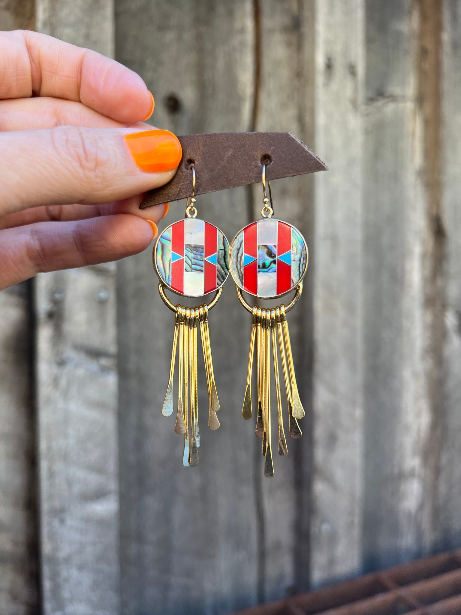 Mother of Pearl, Abalone & Coral Inlay Earring with Fringe T56