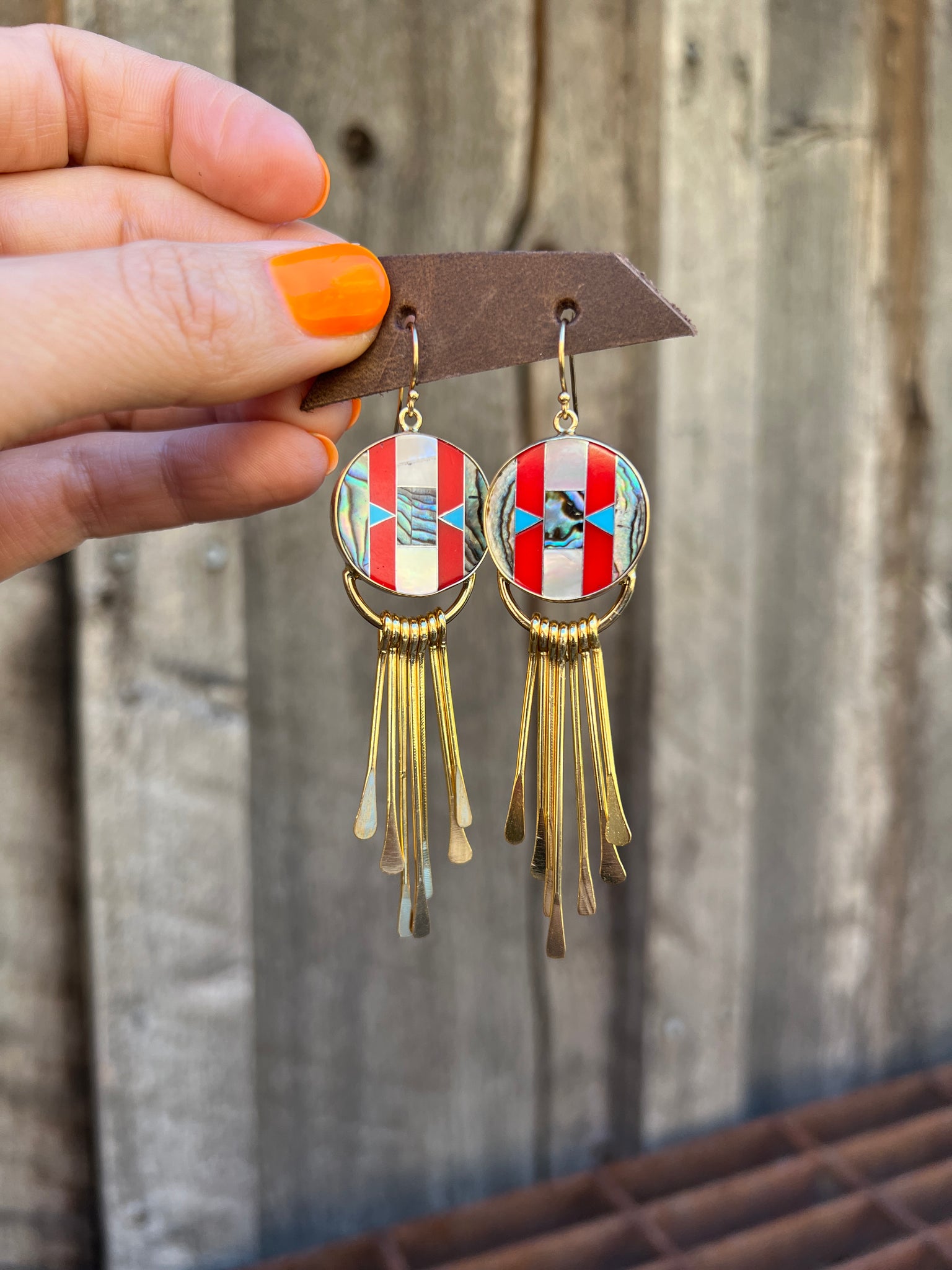 Mother of Pearl, Abalone & Coral Inlay Earring with Fringe T56