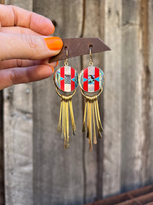 Mother of Pearl, Abalone & Coral Inlay Earring with Fringe T56