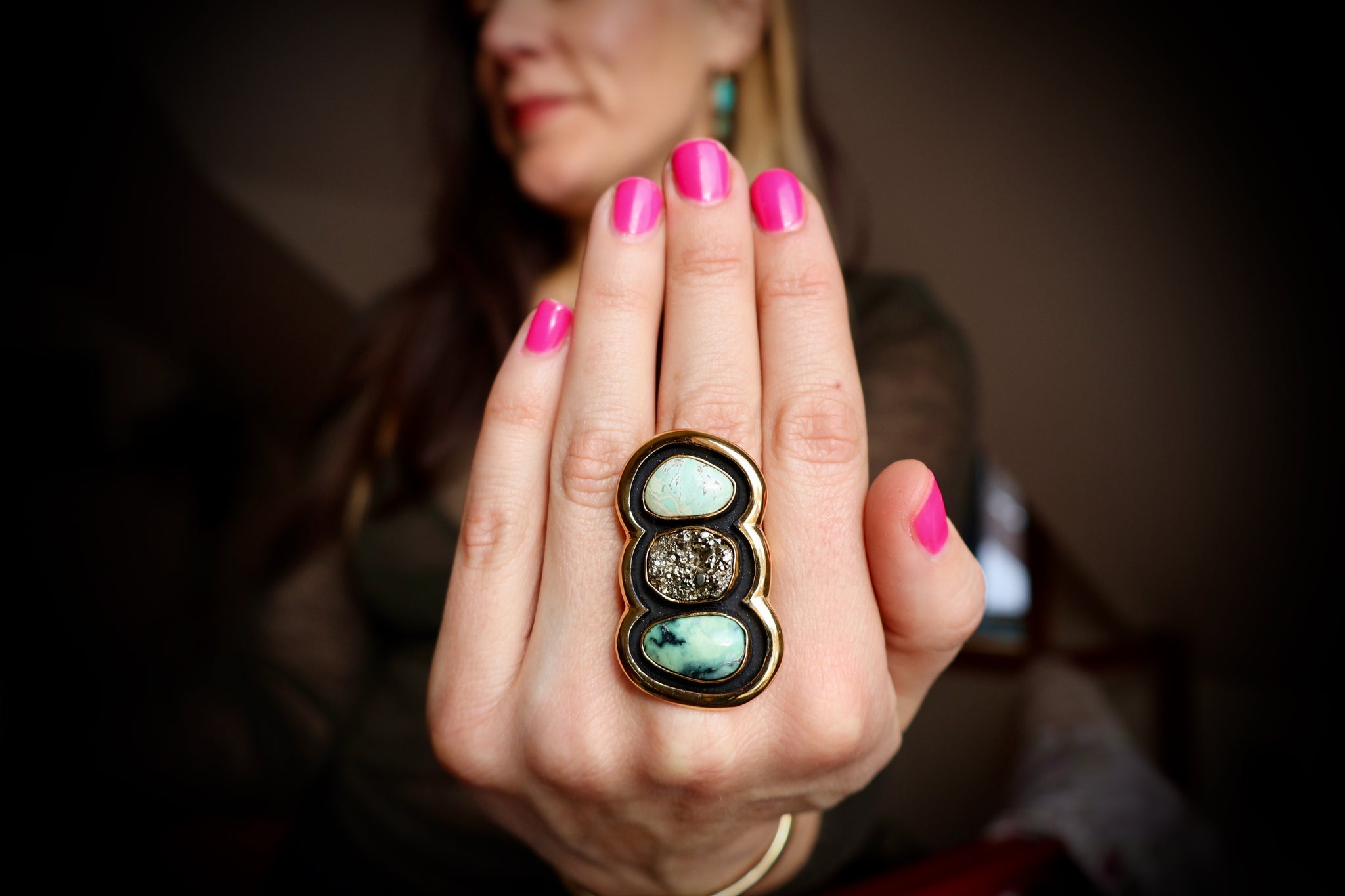 "Quantum Symbols" Triple Stone Variscite & Pyrite Ring in Gold Alchemia- Adjustable P15