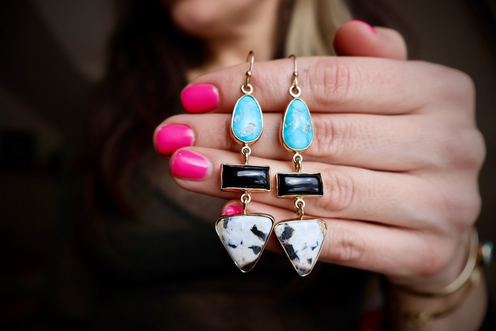 "Lunar Relic" Earrings Turquoise, Onyx and White Buffalo in Gold Alchema P33