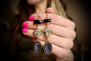 "Lunar Relic" Earrings Pyrite, Onyx and Geode in Gold Alchema P29