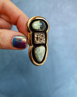 "Quantum Symbols" Triple Stone Variscite & Pyrite Ring in Gold Alchemia- Adjustable P13