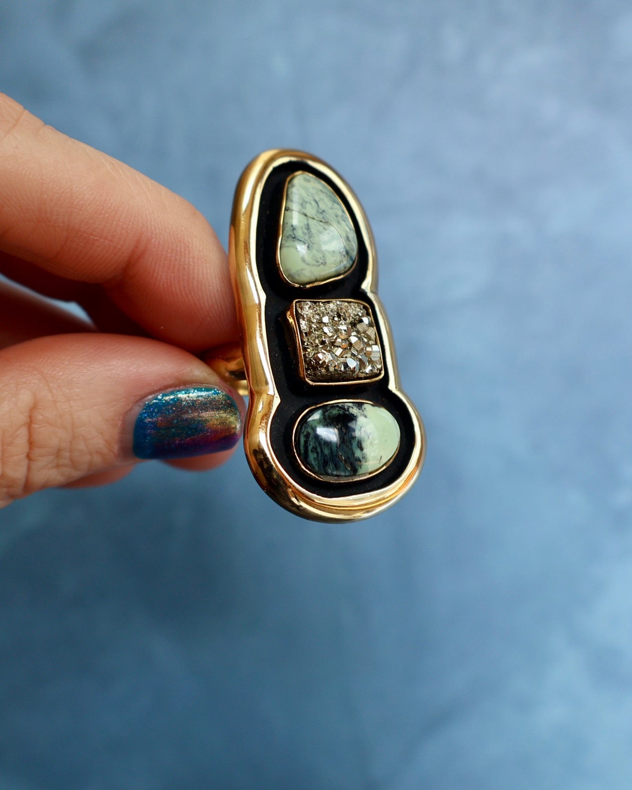 "Quantum Symbols" Triple Stone Variscite & Pyrite Ring in Gold Alchemia- Adjustable P13