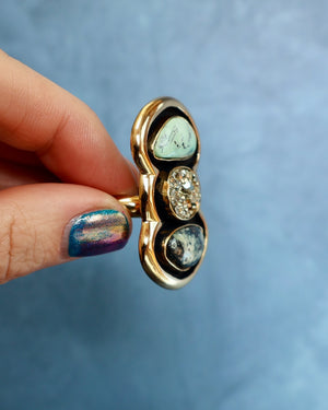 "Quantum Symbols" Triple Stone Variscite & Pyrite Ring in Gold Alchemia- Adjustable P14