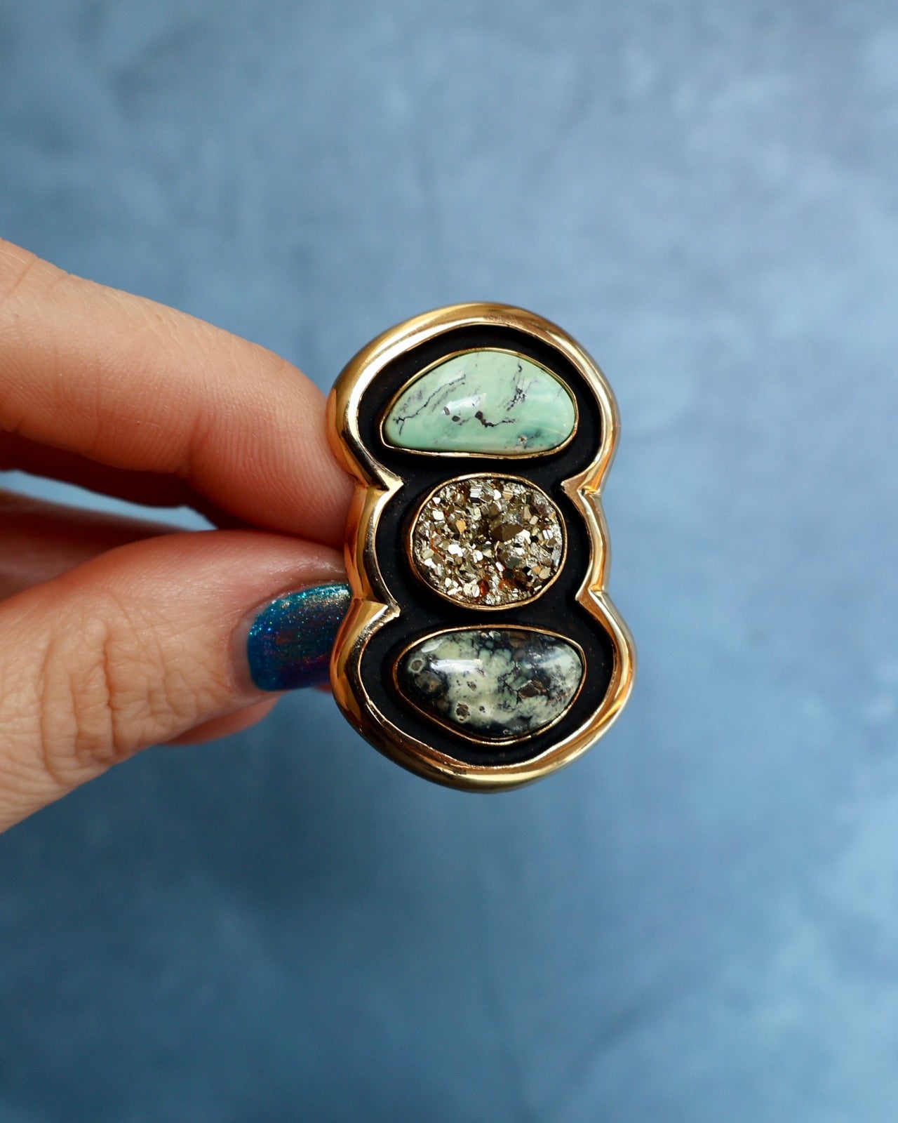 "Quantum Symbols" Triple Stone Variscite & Pyrite Ring in Gold Alchemia- Adjustable P14