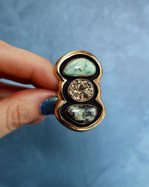 "Quantum Symbols" Triple Stone Variscite & Pyrite Ring in Gold Alchemia- Adjustable P14