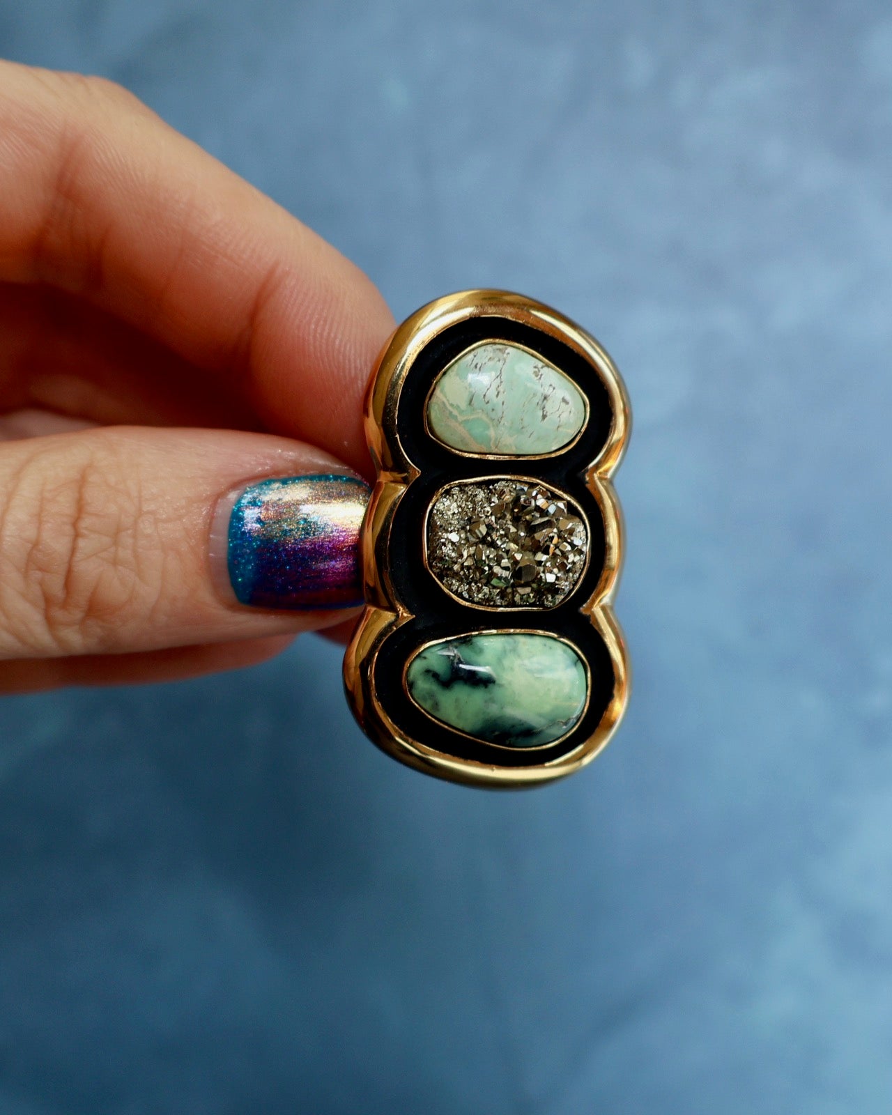 "Quantum Symbols" Triple Stone Variscite & Pyrite Ring in Gold Alchemia- Adjustable P15