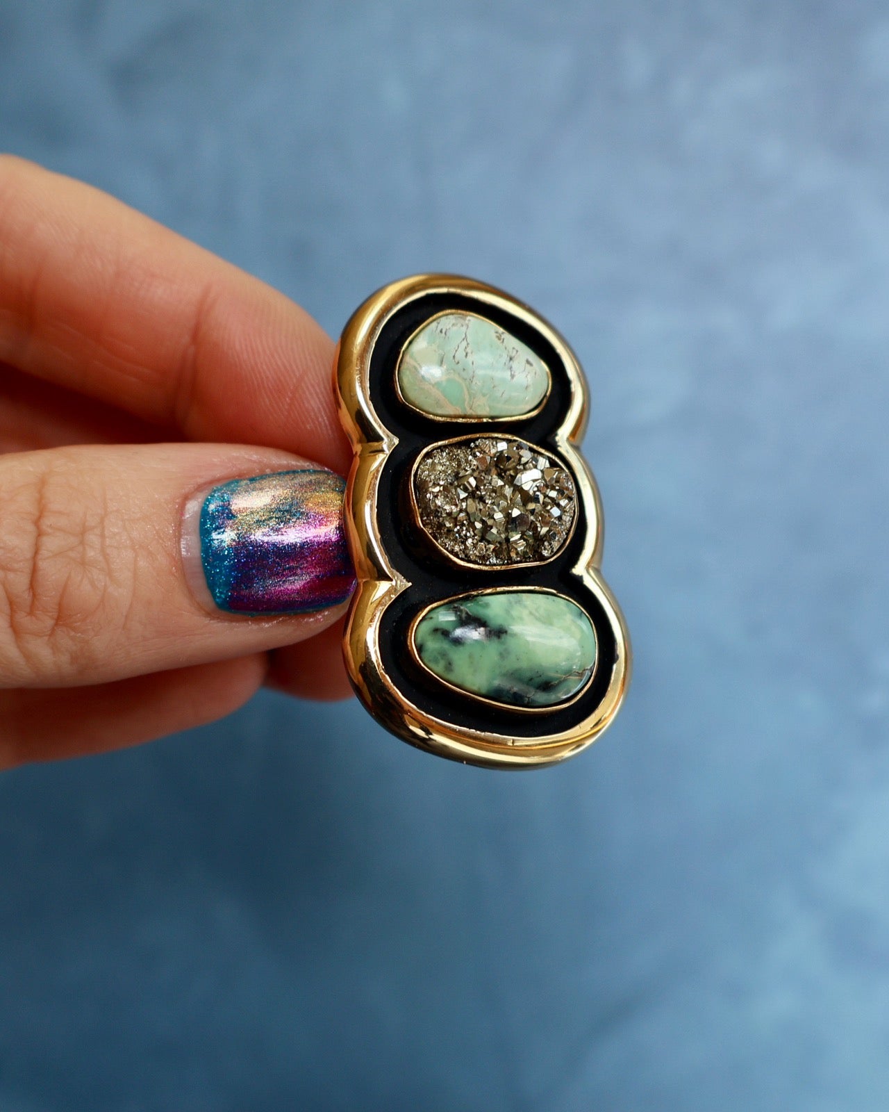 "Quantum Symbols" Triple Stone Variscite & Pyrite Ring in Gold Alchemia- Adjustable P15