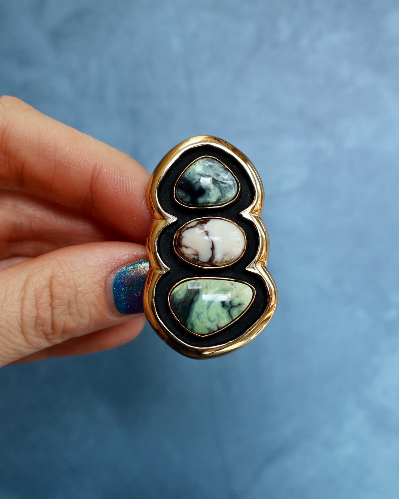 "Quantum Symbols" Triple Stone Variscite & Wild Horse Ring in Gold Alchemia- Adjustable P16