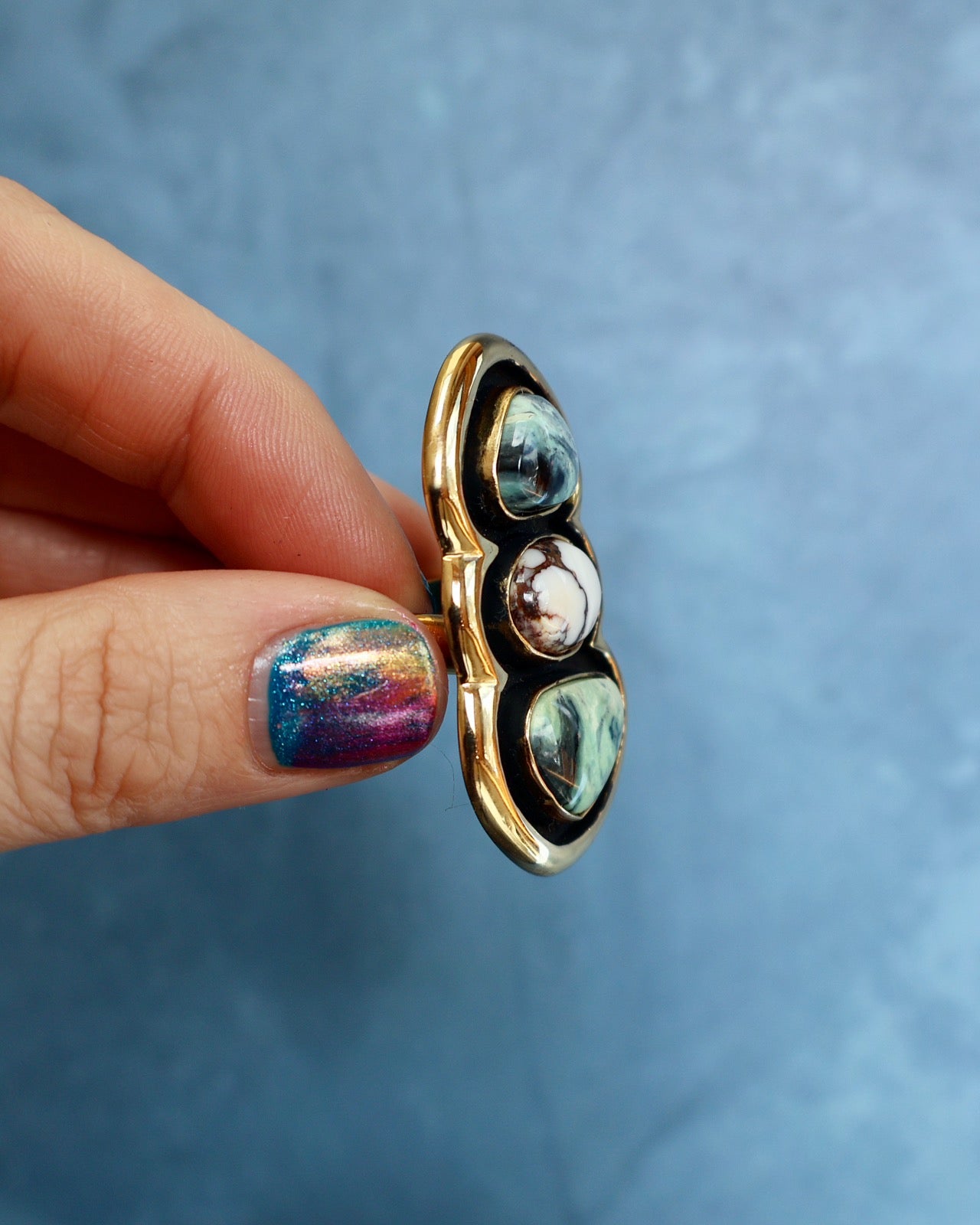 "Quantum Symbols" Triple Stone Variscite & Wild Horse Ring in Gold Alchemia- Adjustable P16