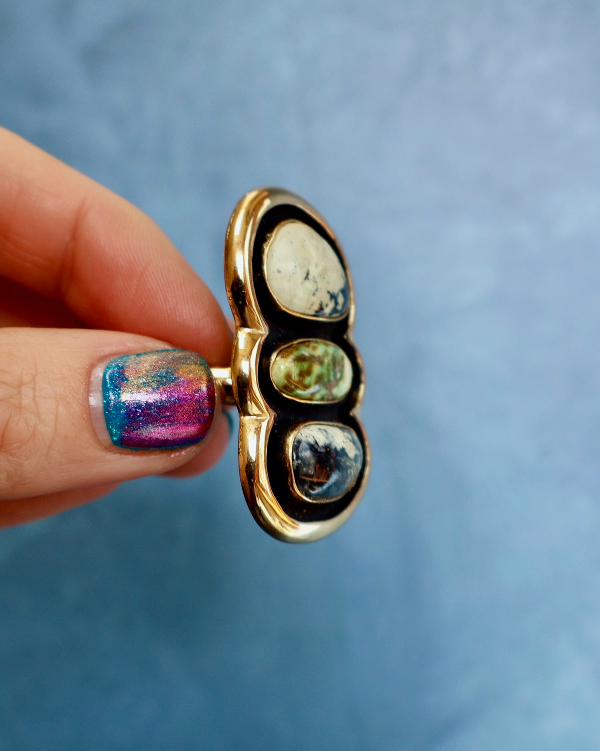 "Quantum Symbols" Triple Stone Variscite Ring in Gold Alchemia- Adjustable P17