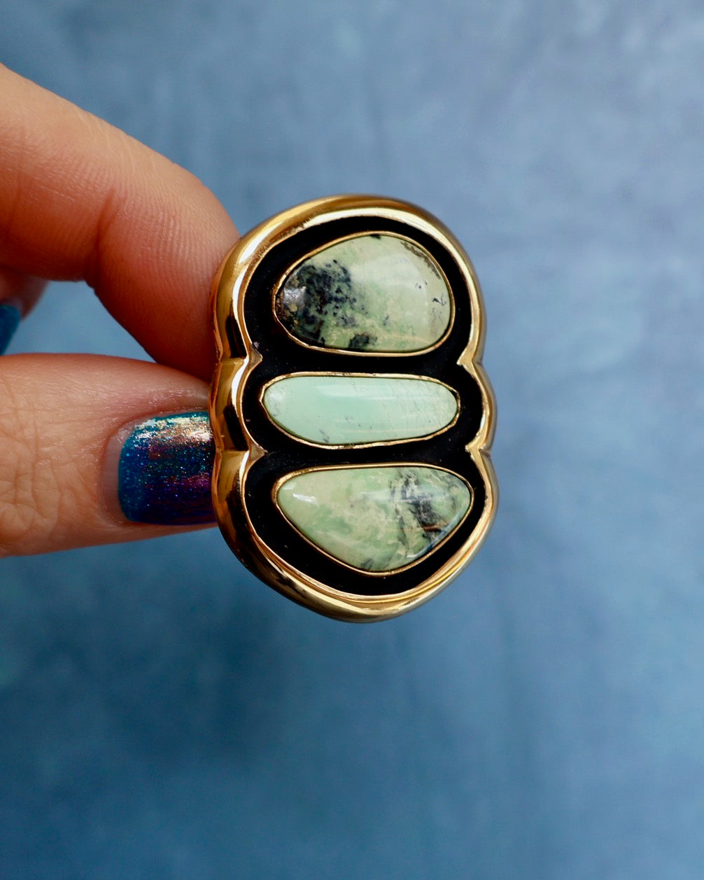 "Quantum Symbols" Triple Stone Variscite Ring in Gold Alchemia- Adjustable P18