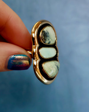 "Quantum Symbols" Triple Stone Variscite Ring in Gold Alchemia- Adjustable P18