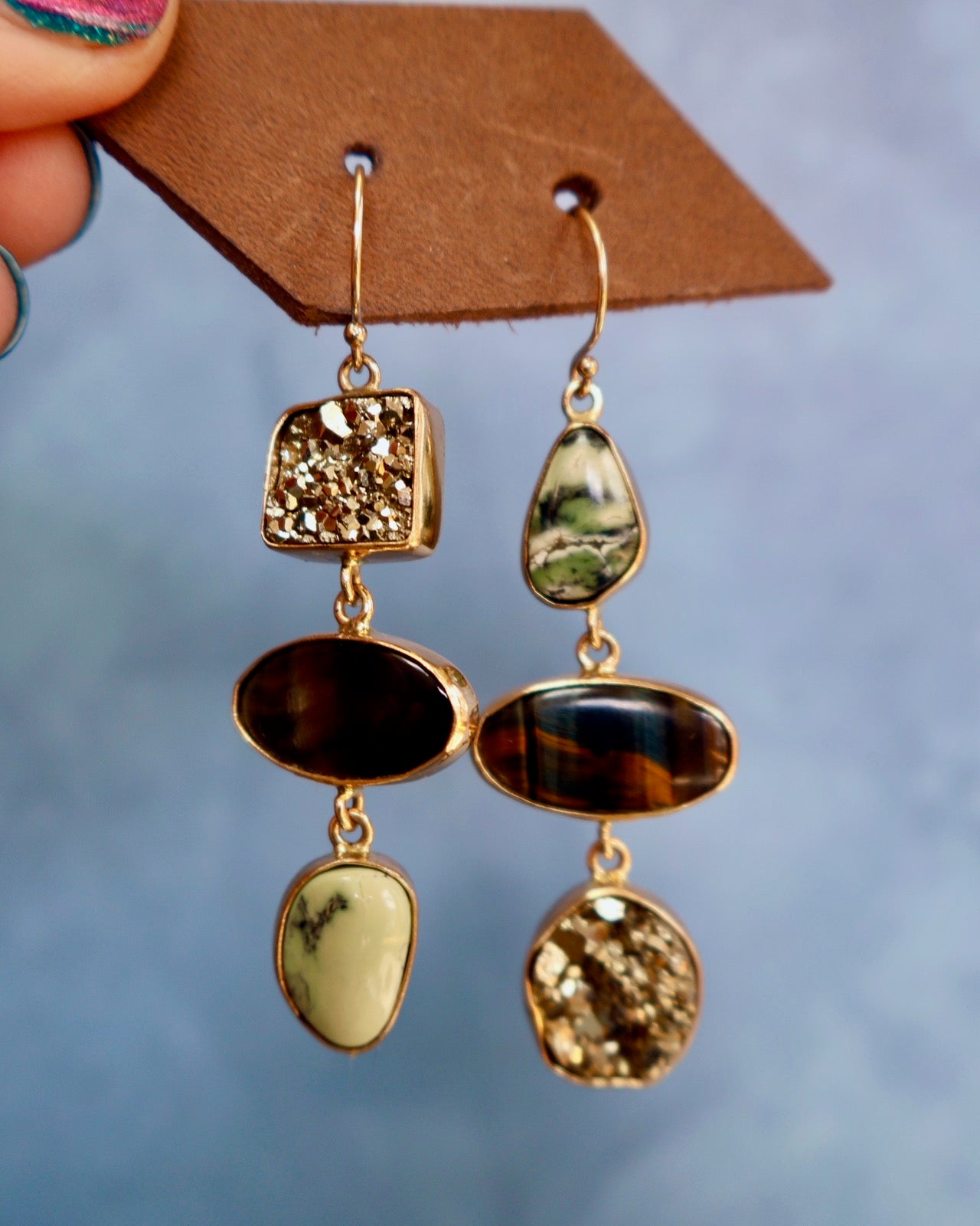 "Lunar Relic" Earrings Pyrite, Variscite and Pietersite in Gold Alchema P28