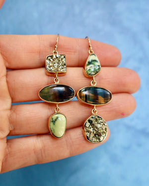 "Lunar Relic" Earrings Pyrite, Variscite and Pietersite in Gold Alchema P28