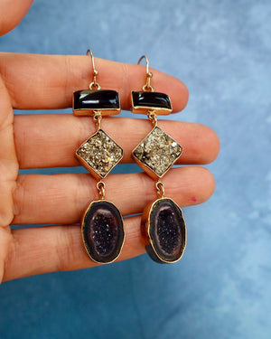 "Lunar Relic" Earrings Pyrite, Onyx and Geode in Gold Alchema P29