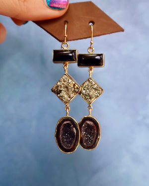 "Lunar Relic" Earrings Pyrite, Onyx and Geode in Gold Alchema P29