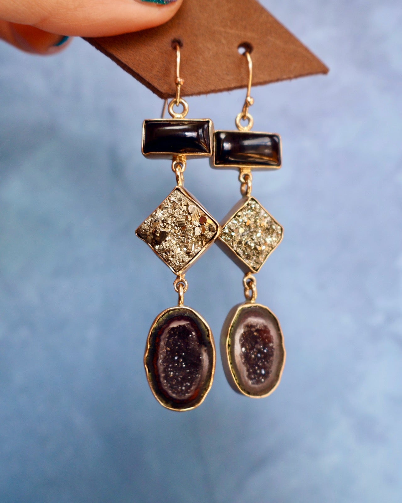 "Lunar Relic" Earrings Pyrite, Onyx and Geode in Gold Alchema P29