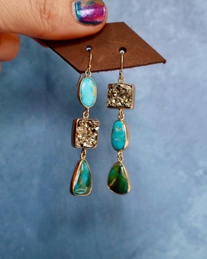 "Lunar Relic" Earrings Turquoise, Opal and Pyrite in Gold Alchema P31